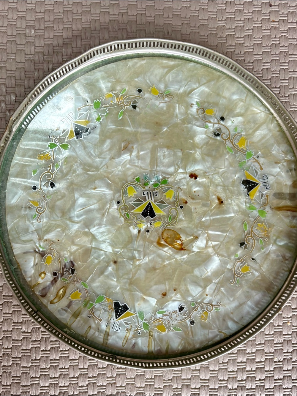 Vintage mother-of-pearl mosaic serving tray. Art Deco, floral motif, Pierced Rim